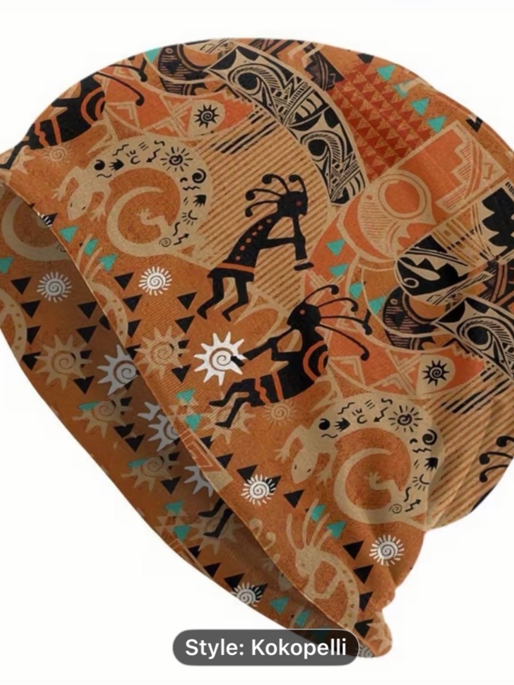 Kokopelli Pattern Rust Beanie with Turquoise Accents